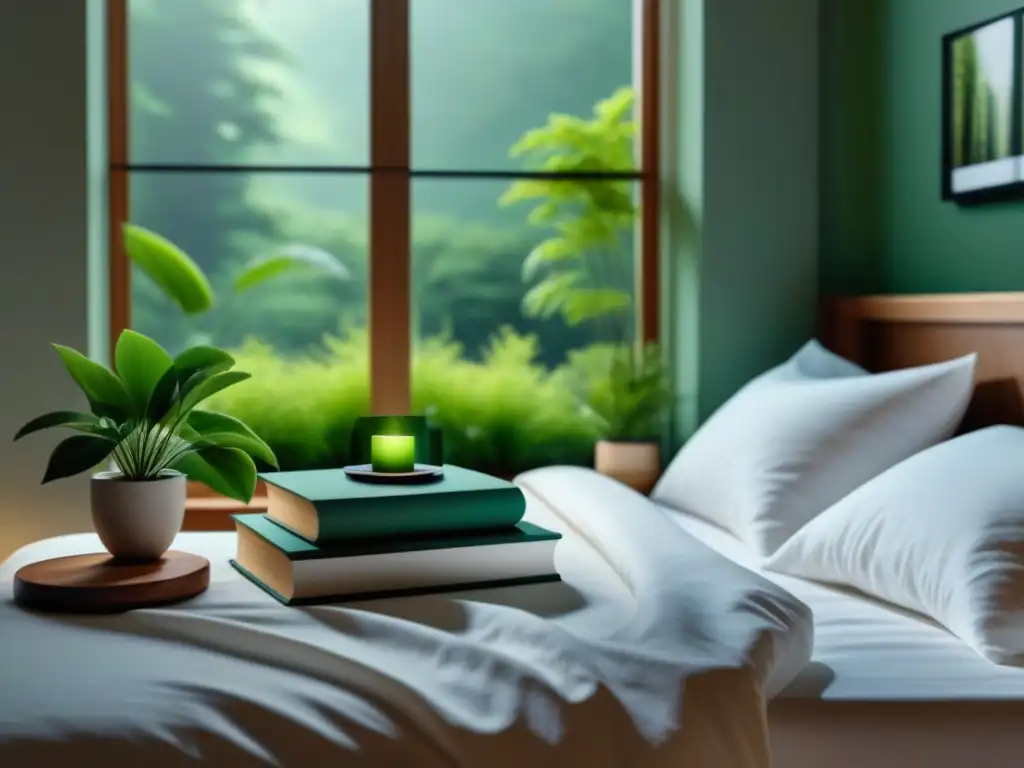 Retiro de desconexión digital: dormitorio sereno para relajarse Escenario sereno para retiro digital, cama acogedora, libros y planta en mesa de madera, iluminación suave y vista a jardín verde