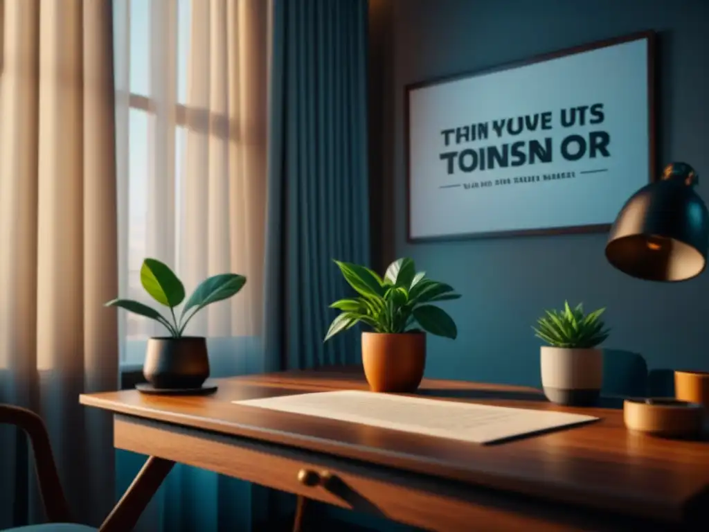 Espacio de trabajo sereno y minimalista: inspiración y calma Escritorio minimalista con planta, frase motivacional y luz natural