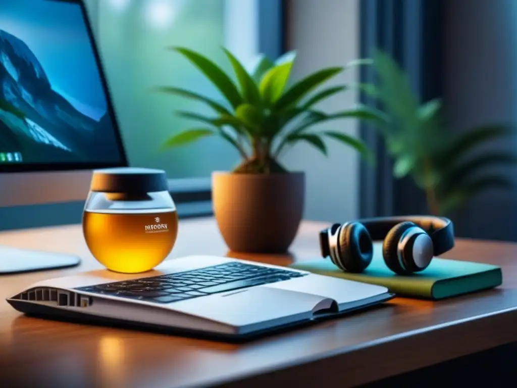 Oficina minimalista: laptop, plantas y mindfulness Escritorio minimalista y sereno con laptop, planta, difusor de aceites esenciales, auriculares y té verde