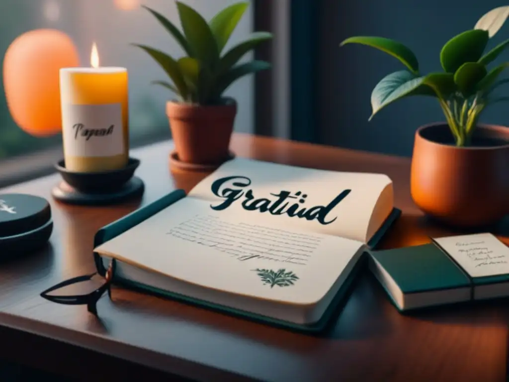 Diario de Gratitud: Escena de Serenidad y Mindfulness Escritorio sereno con Diario de Gratitud para estudiantes, notas escritas a mano, planta y vela, inspirando calma y mindfulness