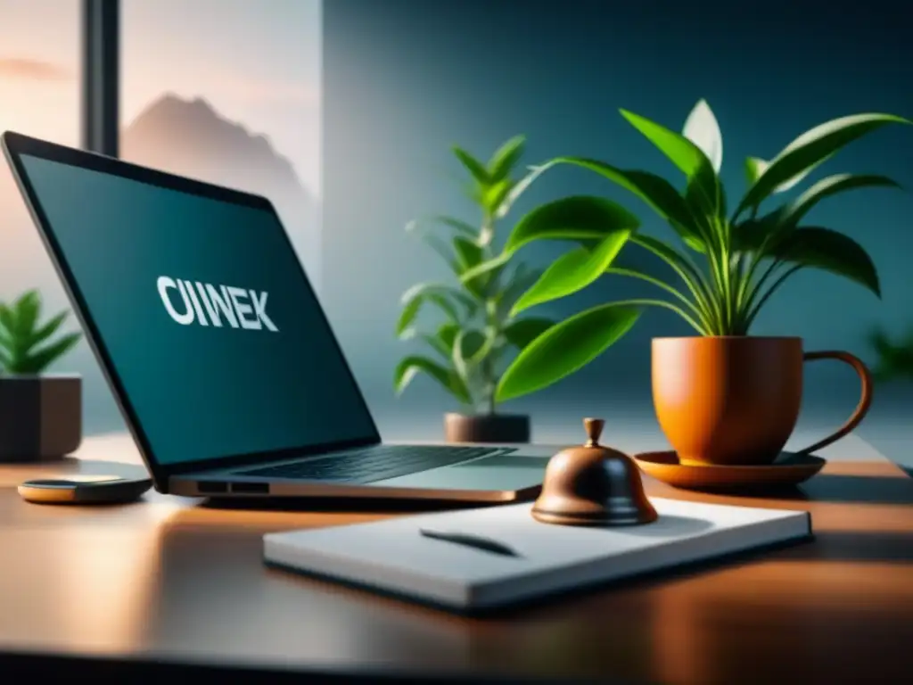 Escritorio sereno: laptop, planta, café y campana de mindfulness Escritorio sereno con laptop, planta, café y campana mindfulness
