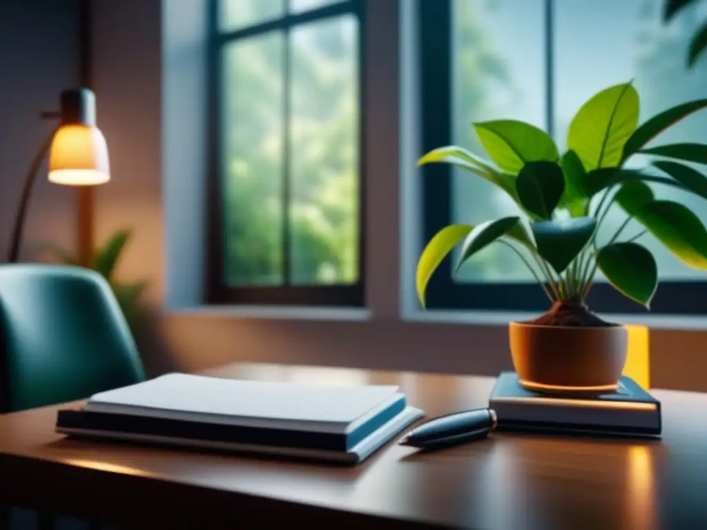 Escritorio minimalista: productividad en armonía con la naturaleza Un escritorio vacío con una planta, laptop y cuaderno, frente a un jardín verde