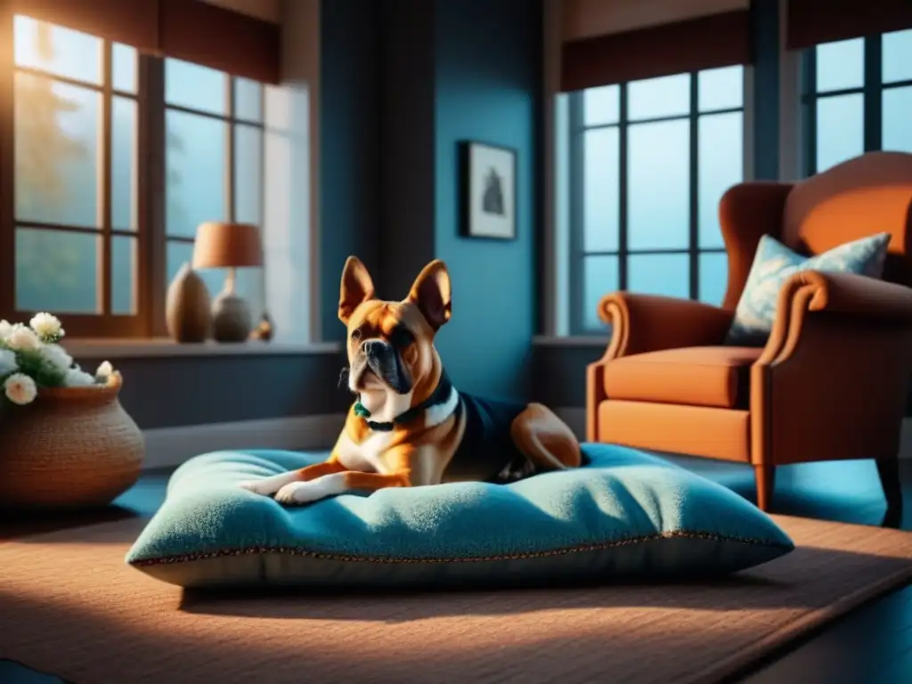 Espacio acogedor con luz natural para terapia animal en casa Espacio acogedor con accesorios terapia con animales: silla cómoda, alfombra suave, flores frescas y cama para perro
