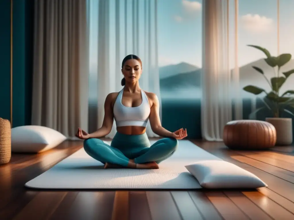Espacio de yoga en casa: serenidad y minimalismo terapéutico Espacio de yoga en casa con accesorios elegantes y almohadilla de meditación, ideal para relajarse y practicar mindfulness