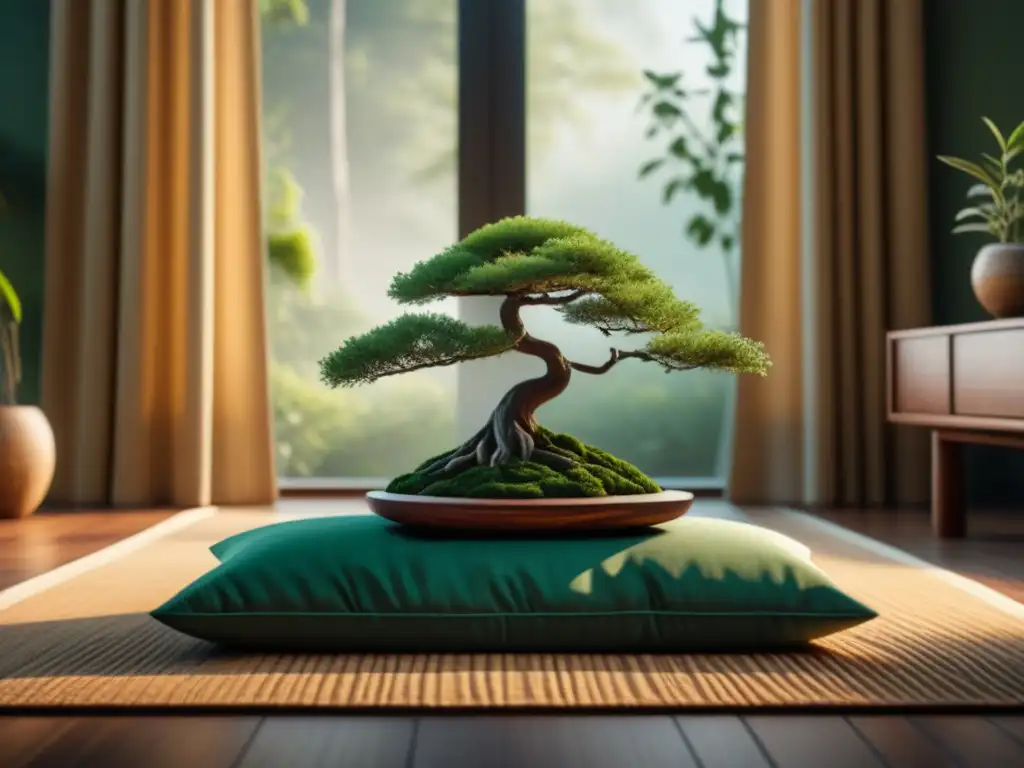 Espacio de meditación sereno con luz natural y bonsái Espacio de meditación en casa con ambiente tranquilo y acogedor, perfecto para grounding y meditación en casa