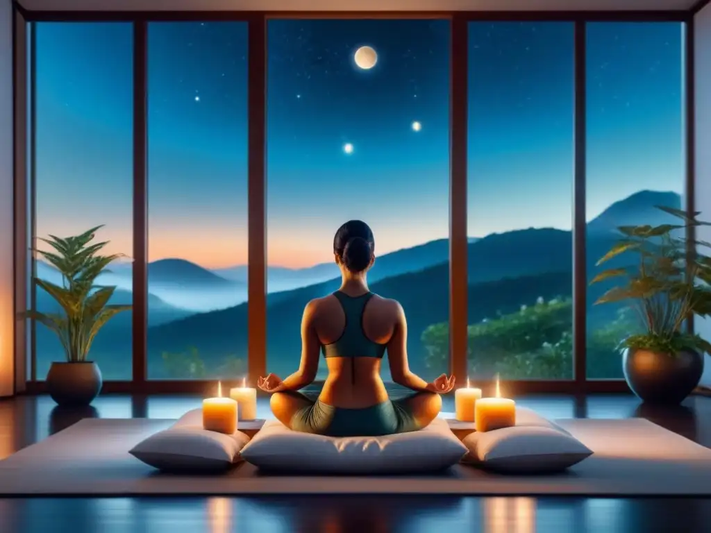 Espacio de meditación celestial en casa con luna llena y planetas distantes Un espacio de meditación en casa con astrología: ambiente sereno, ventana con luna y planetas, velas, cristales y plantas