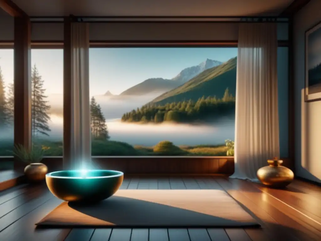 Espacio de meditación en casa con cuenco tibetano para relajación hogar