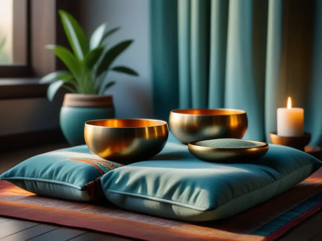 Espacio de meditación zen con cuencos tibetanos y velas Un espacio de meditación en casa con cuencos tibetanos Himalaya rodeados de velas y plantas, iluminado por luz natural suave