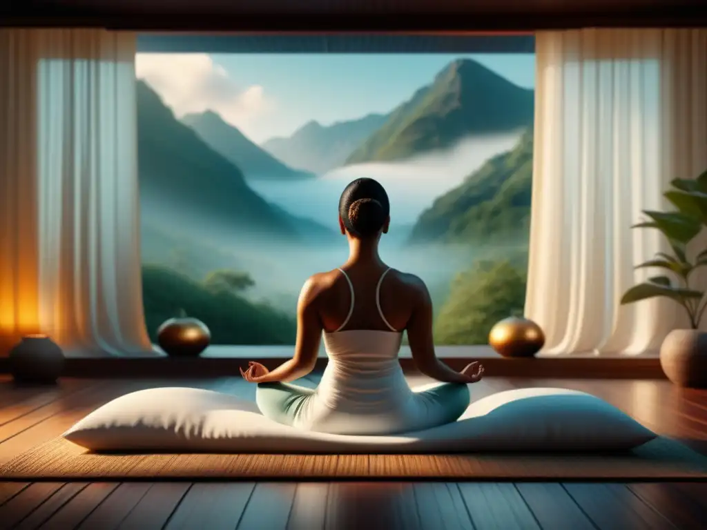 Espacio de meditación sereno con ventana y luz dorada Espacio de meditación en casa con iluminación inteligente para meditación en casa
