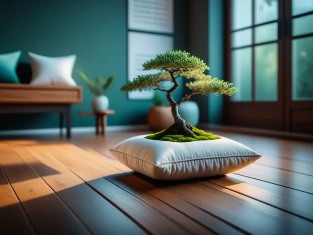 Espacio de meditación en casa: serenidad y calma Espacio de meditación en casa con cojín, bonsái y lámpara de sal