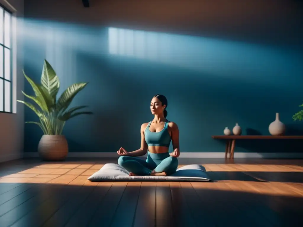 Espacio de meditación sereno y minimalista para encontrar paz interior Espacio de meditación en casa con luz natural, planta calmante y persona meditando, para las mejores apps de meditación en casa