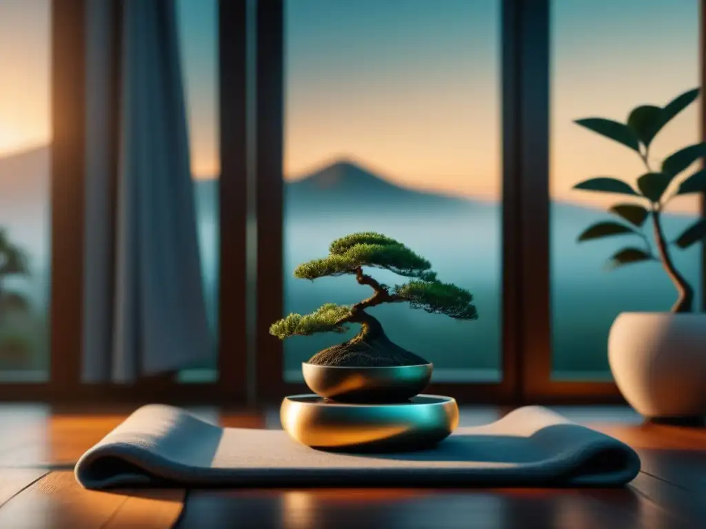 Espacio de yoga en casa: serenidad y minimalismo para la relajación Espacio de yoga en casa minimalista, con suelo de madera, mat gris y equipo para relajación progresiva en casa