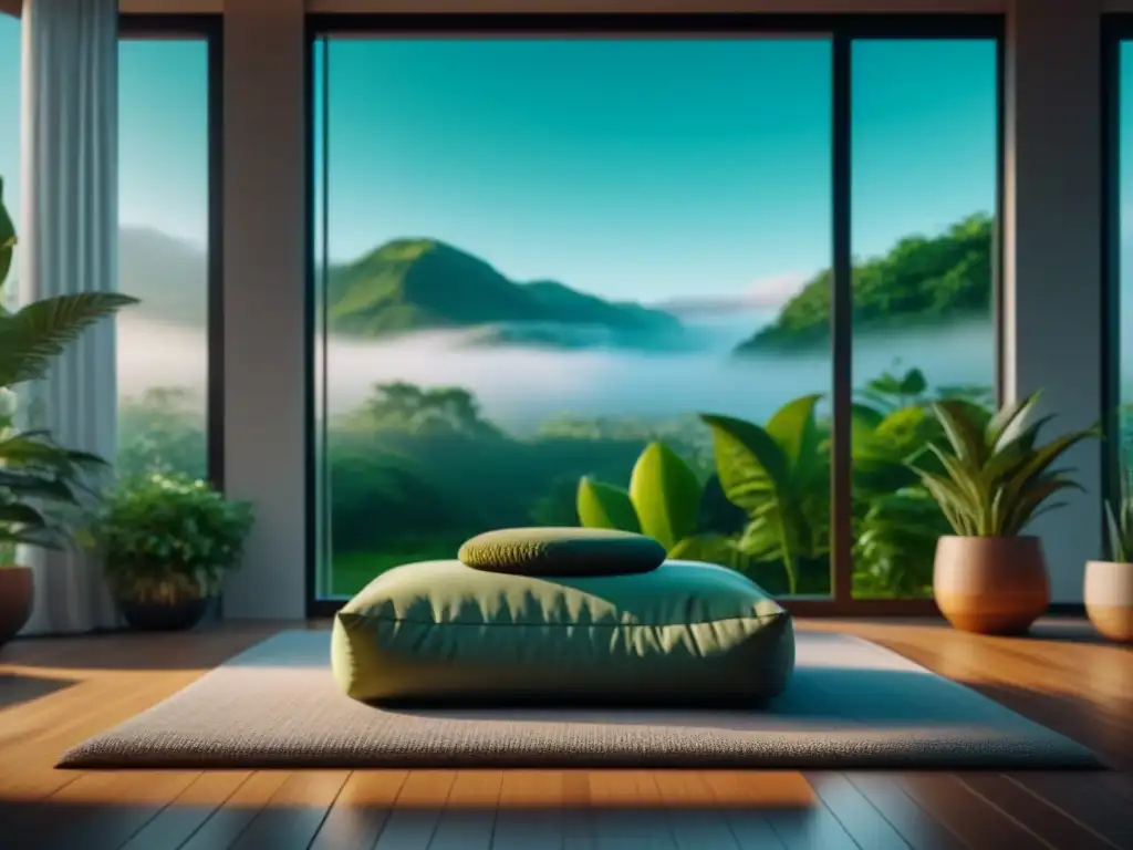 Espacio de meditación sereno con ventana panorámica y jardín verde Espacio de meditación en casa con plantas para meditación en casa