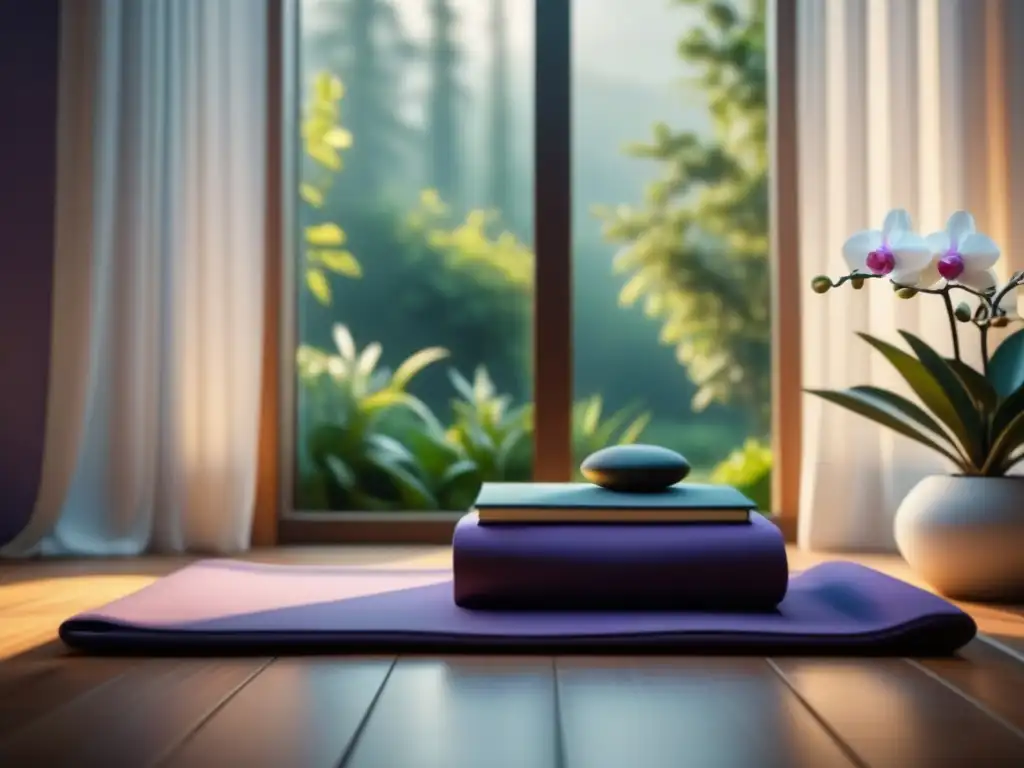 Espacio de yoga en casa: serenidad en 8k Un espacio de yoga en casa para relajación progresiva, con luz natural y elementos tranquilos