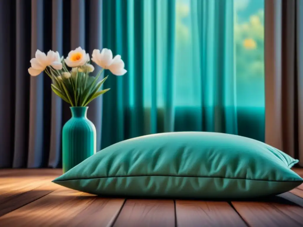 Espacio de meditación sereno y minimalista para encontrar paz interior Un espacio de meditación en casa sereno y minimalista con una almohada acogedora, una vela encendida, flores frescas y arte abstracto en tonos suaves