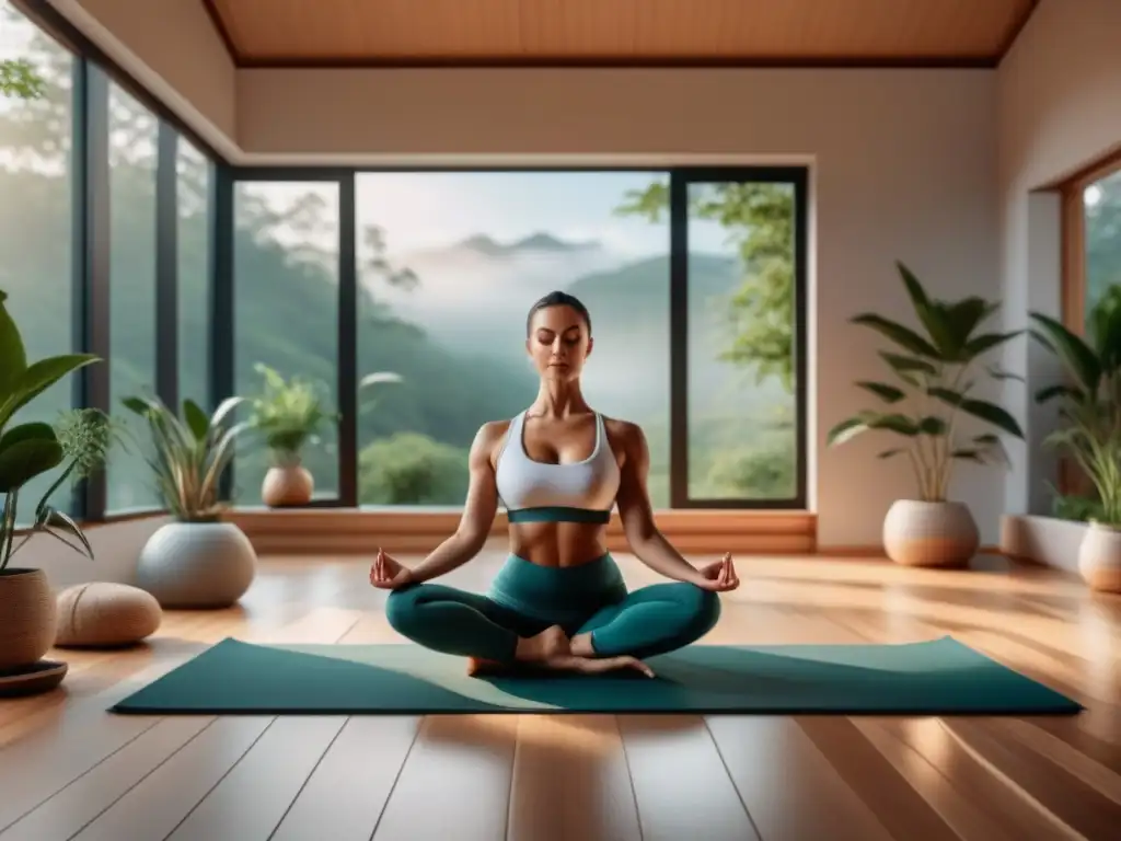 Estudio de yoga en casa: serenidad y minimalismo Un espacio de yoga en casa sereno y minimalista con suaves tonos neutros, piso de madera clara, plantas y una esterilla de yoga, ideal para practicar
