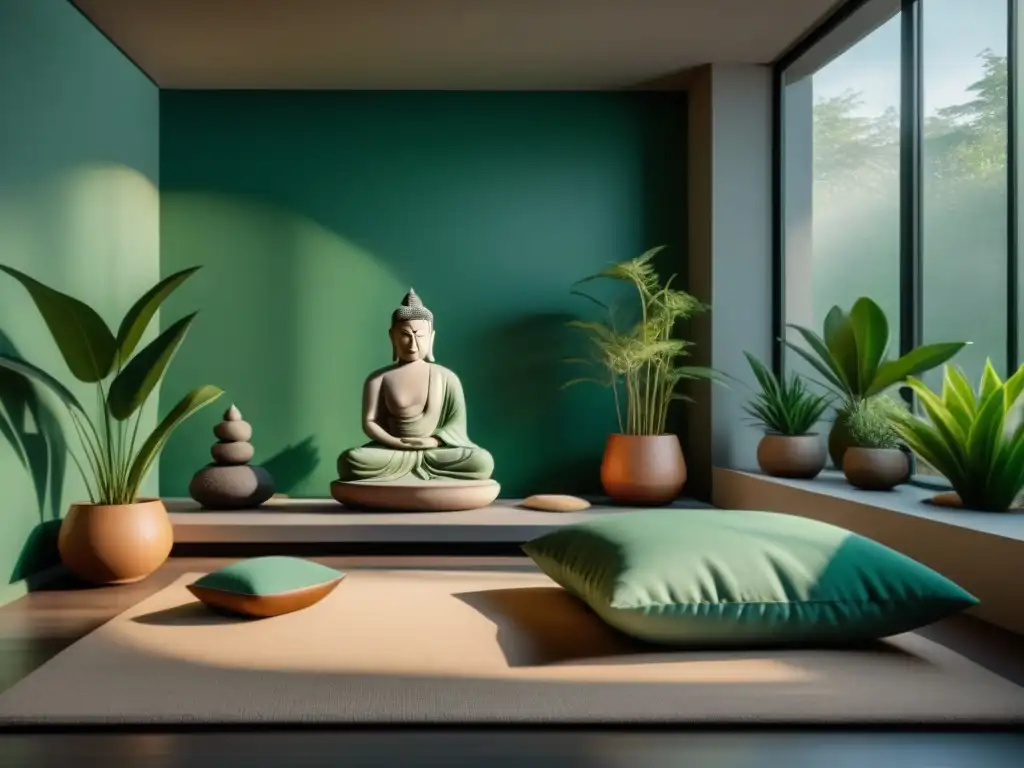 Espacio de meditación en casa: serenidad y minimalismo Un espacio de meditación en casa sereno y minimalista con cojines, jardín zen, iluminación ambiental y plantas