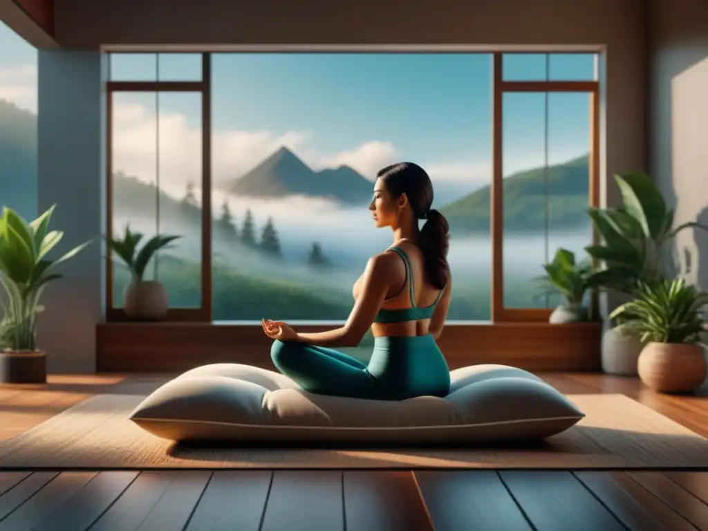 Espacio de meditación minimalista en casa: serenidad y calma Espacio de meditación en casa, sereno y minimalista con cojín terroso en el suelo de madera - Grounding y meditación en casa