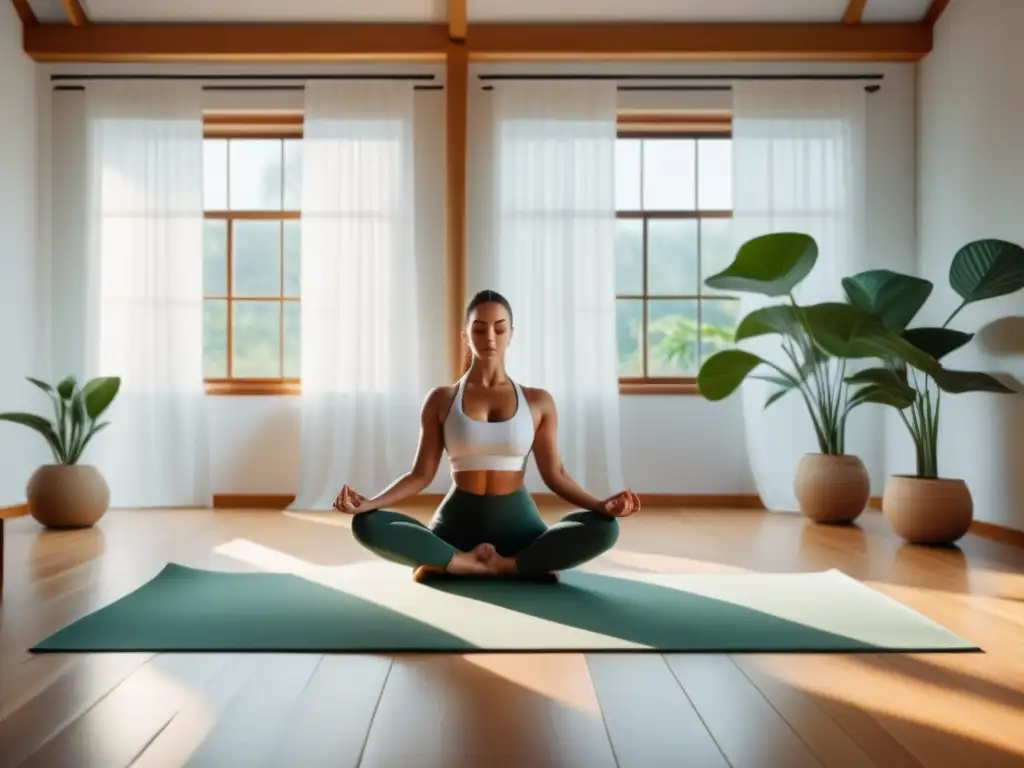 Espacio de yoga en casa sereno y minimalista Espacio de yoga en casa sereno y minimalista con luz natural y plantas verdes