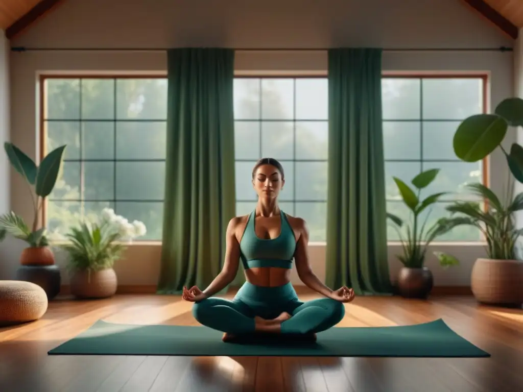 Estudio de yoga en casa: serenidad y minimalismo Un espacio de yoga en casa, sereno y minimalista, con plantas verdes y luz suave