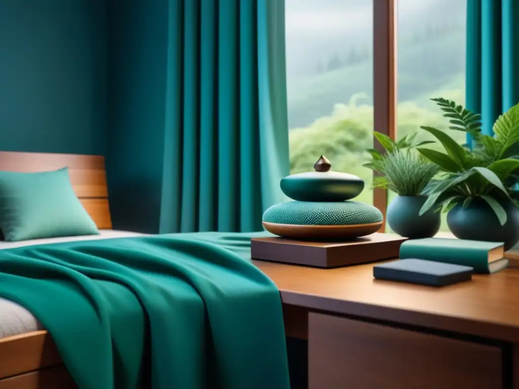 Espacio de meditación en casa: serenidad y naturaleza Un espacio de meditación en casa sereno y minimalista con luz natural suave filtrándose a través de cortinas transparentes