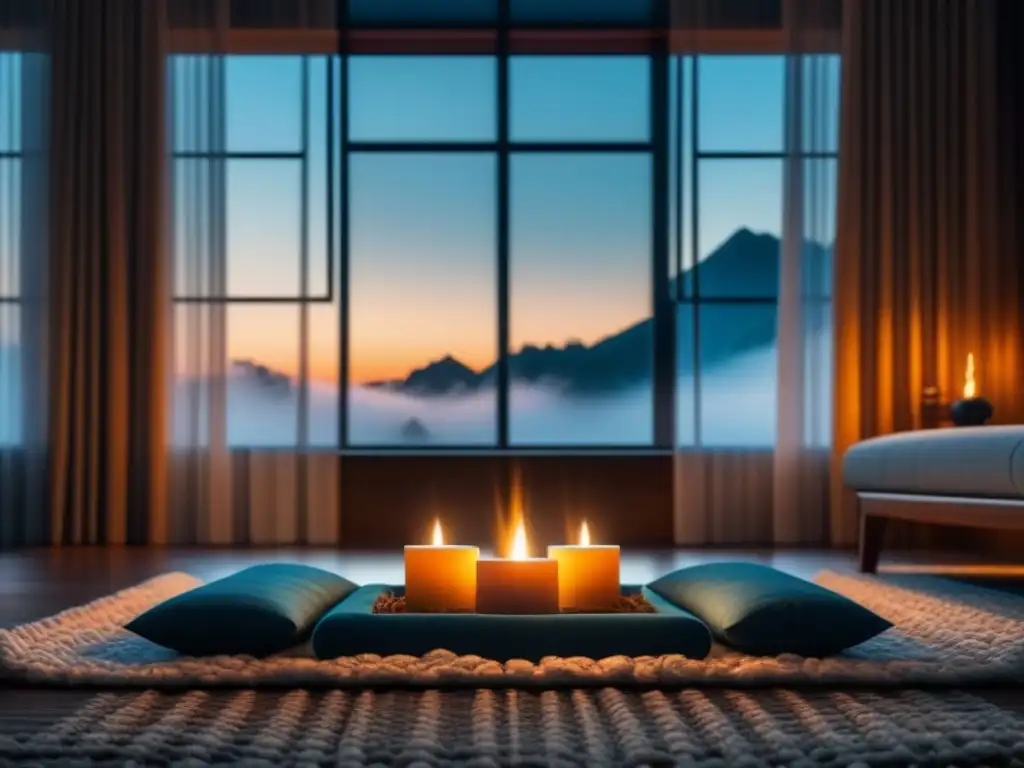 Espacio de meditación en casa: serenidad y calma Un espacio de meditación en casa sereno y minimalista con inciensos encendidos creando una atmósfera tranquila y acogedora