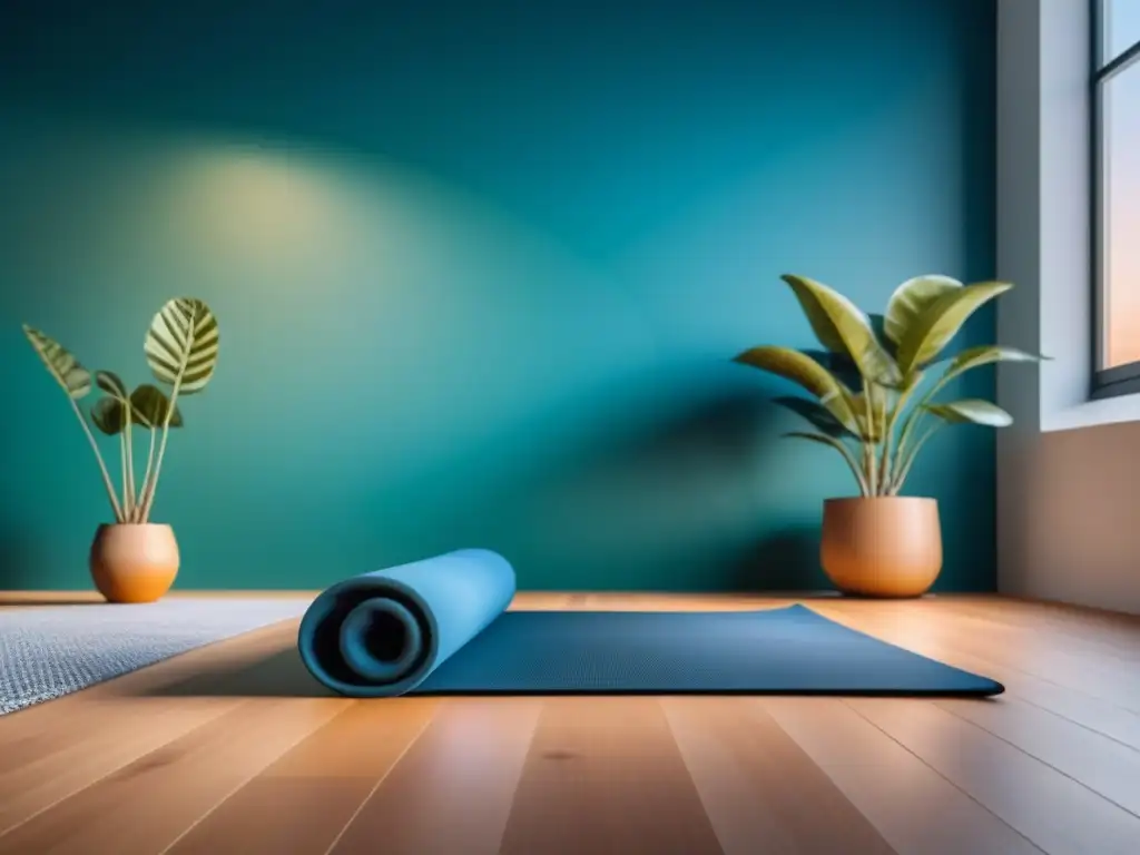 Estudio de yoga en casa: serenidad y relajación Un espacio de yoga en casa, sereno y minimalista, con luz natural y elementos relajantes