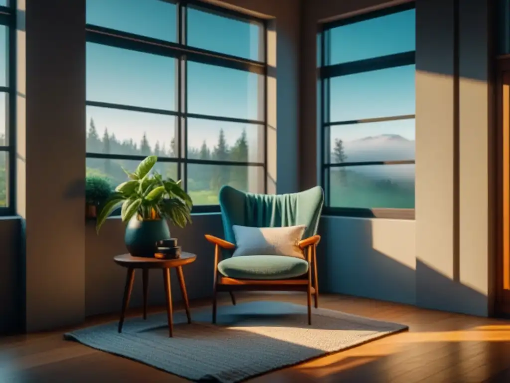 Rincón sereno con silla acogedora y vista al jardín Espacio de relajación en casa con silla junto a ventana, plantas, manta y libros, iluminado por la luz del sol