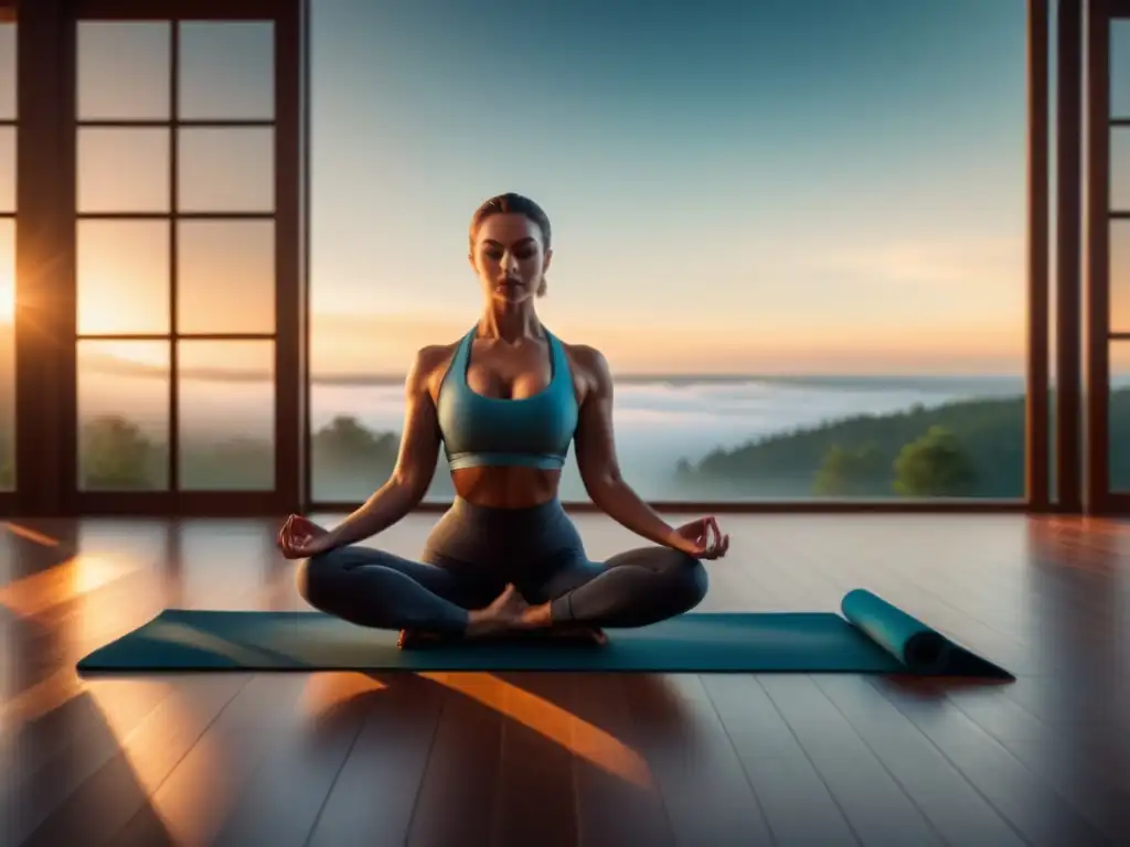 Estudio de yoga acogedor y sereno en casa Espacio de yoga en casa: suelo de madera, planta, esterilla y luz dorada