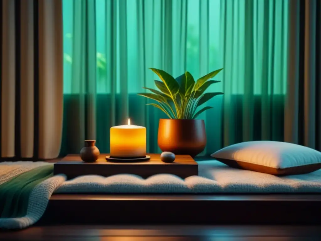 Espacio de meditación sereno en casa con cojín y plantas Espacio de meditación en casa con cojín y vela, beneficios meditación trascendental en casa