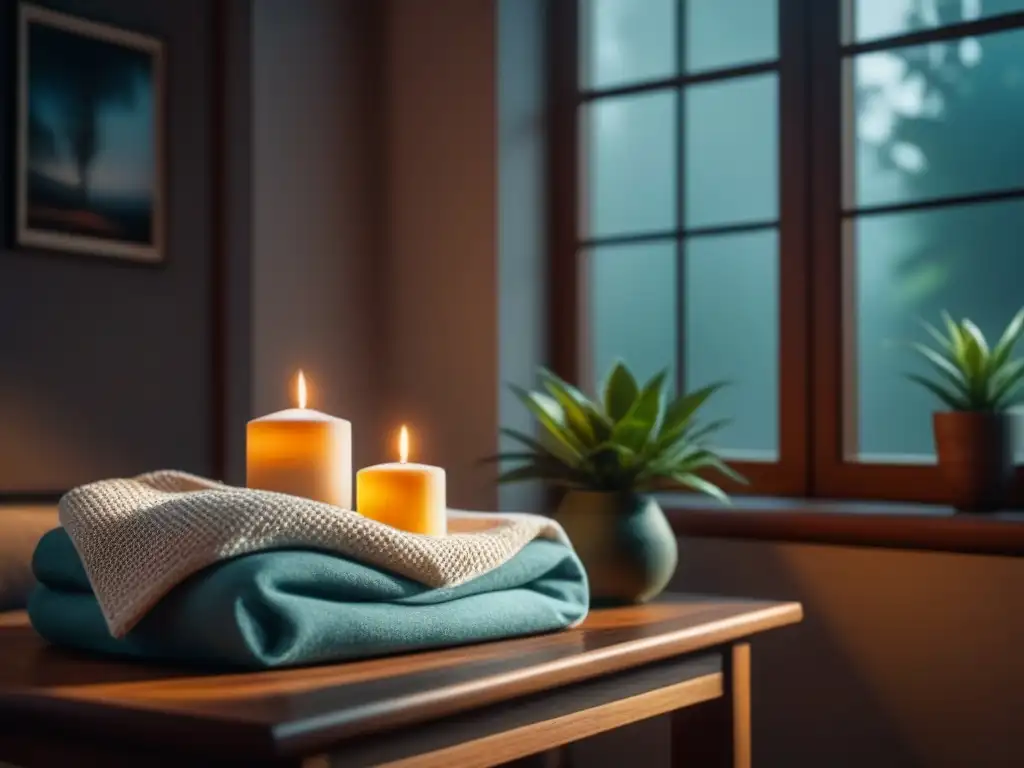 Espacio de meditación hogareño: serenidad y calma Un espacio de meditación en casa, con cojín, manta, vela y elementos relajantes