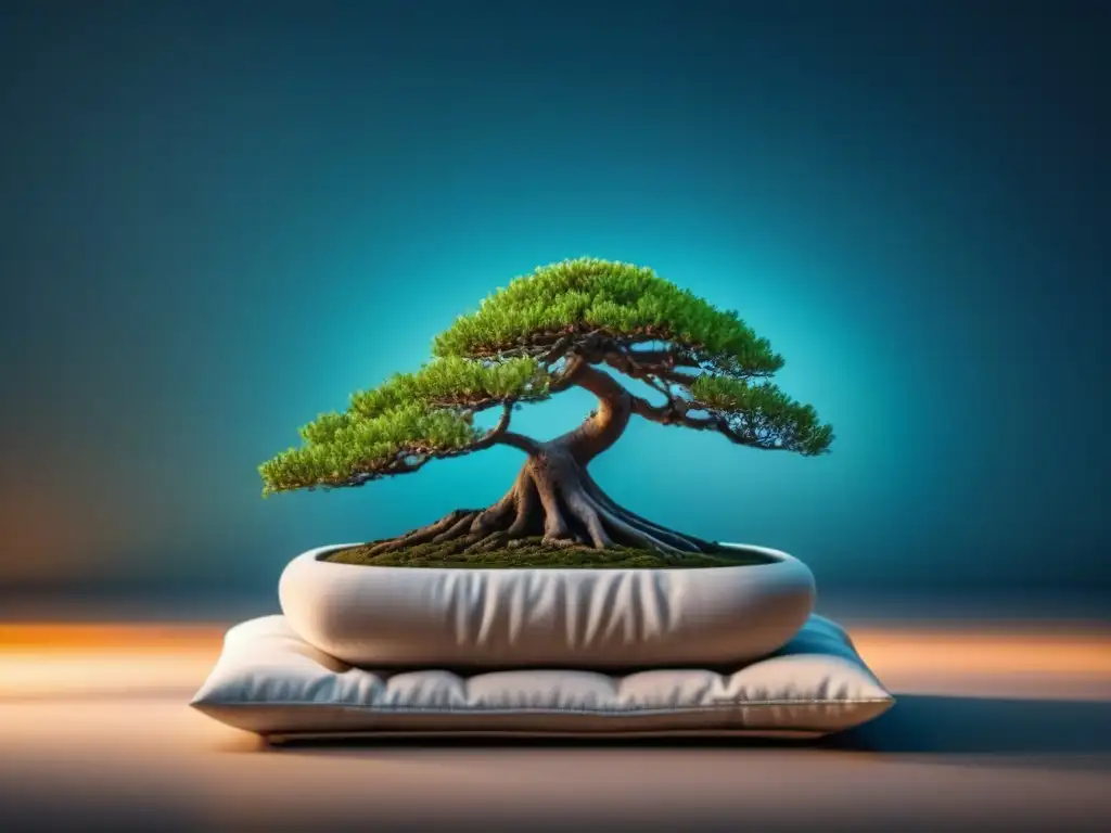 Espacio de meditación sereno con cojín y bonsái Espacio de meditación en casa con cojín, bonsái y lámpara cálida
