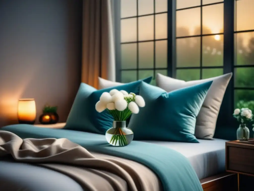 Acogedora habitación minimalista para relajarse Espacio de descanso en casa estratégico: habitación minimalista con tonos suaves, cama acogedora y ventana iluminada
