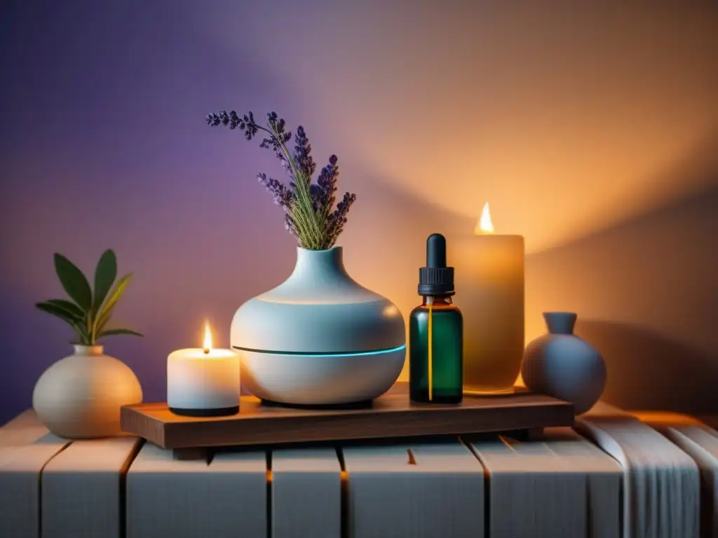 Spa en casa: Aromaterapia con difusor de aceites esenciales Espacio de aromaterapia para reducir estrés en casa con difusor de aceites esenciales blancos y botellas de lavanda, eucalipto y manzanilla