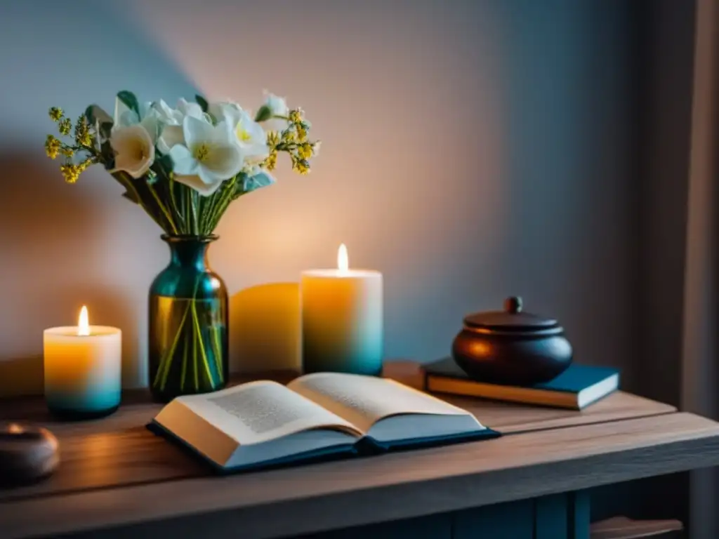 Altar hogareño sereno: vela, flores y diarios de gratitud Espacio de gratitud en casa con vela, flores frescas y diarios, en un ambiente sereno y acogedor