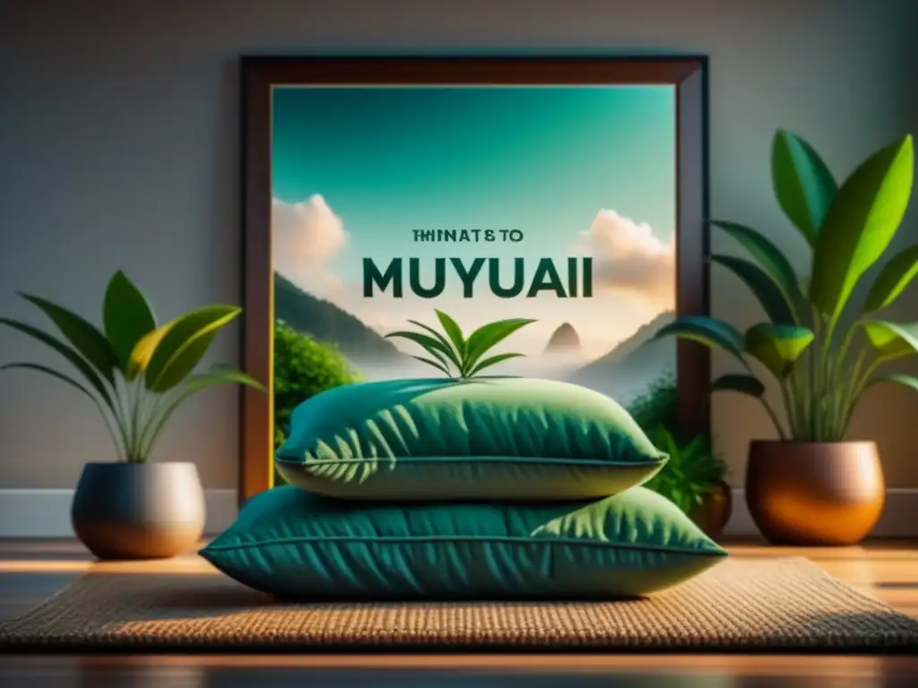 Rincón de meditación sereno en alta definición 8k Espacio de gratitud en casa: rincón de meditación sereno con cojín mullido, fuente y planta verde en un ambiente calmado y cálido