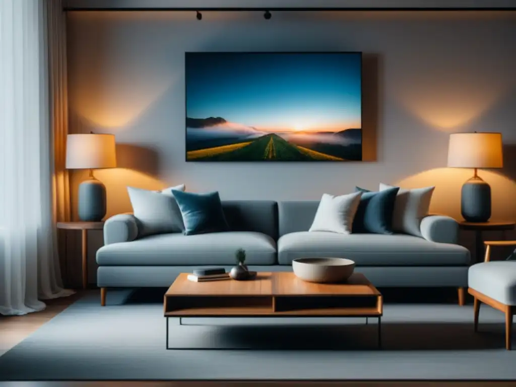 Salón minimalista con TV montado en pared blanca y ambiente sereno Espacio de visualización guiada decorado con sofisticación y calidez