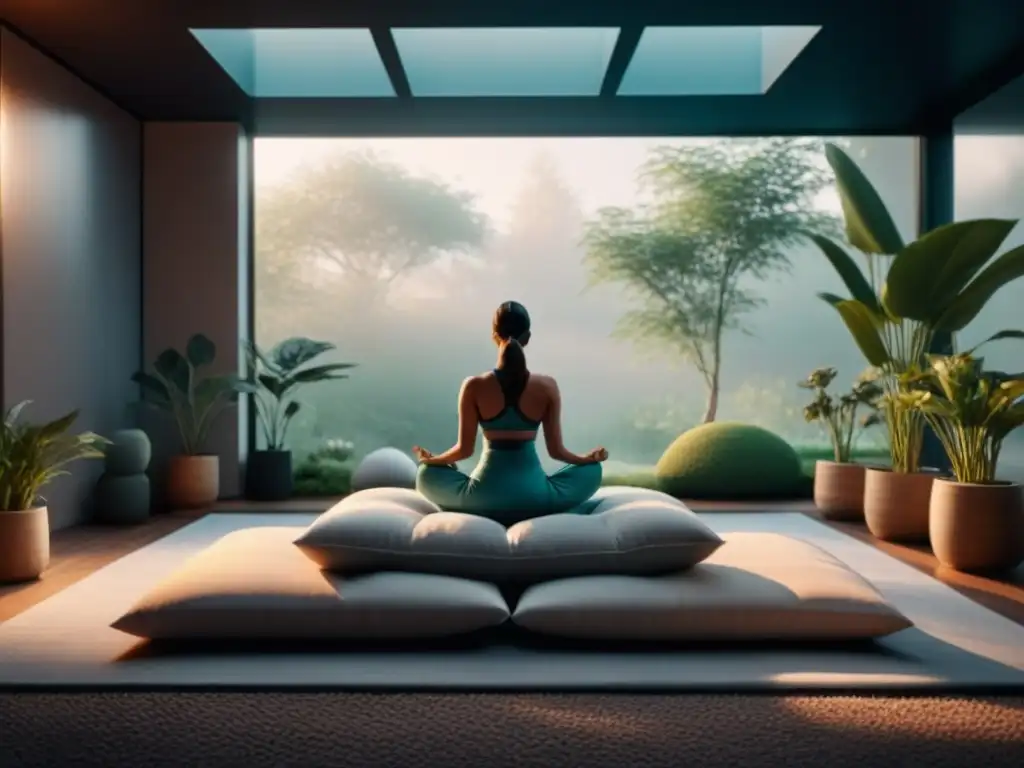 Espacio de meditación sereno y minimalista con vista al jardín Espacio de visualización guiada decorado con serenidad, ventana amplia y jardín tranquilo