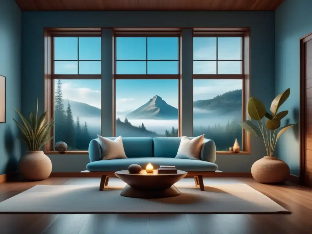 Espacio de meditación tranquilo y minimalista con tonos terrosos Espacio de visualización guiada decorado en tonos tierra, con luz natural iluminando un rincón de lectura acogedor
