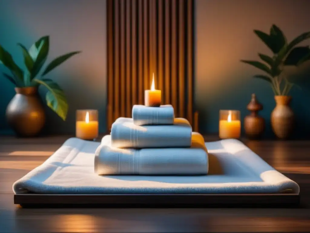 Espacio de meditación sereno con lujoso tapete de yoga en tonos neutros Un espacio de meditación y yoga lujoso y sereno, con un kit de meditación y yoga en tonos suaves y acogedores