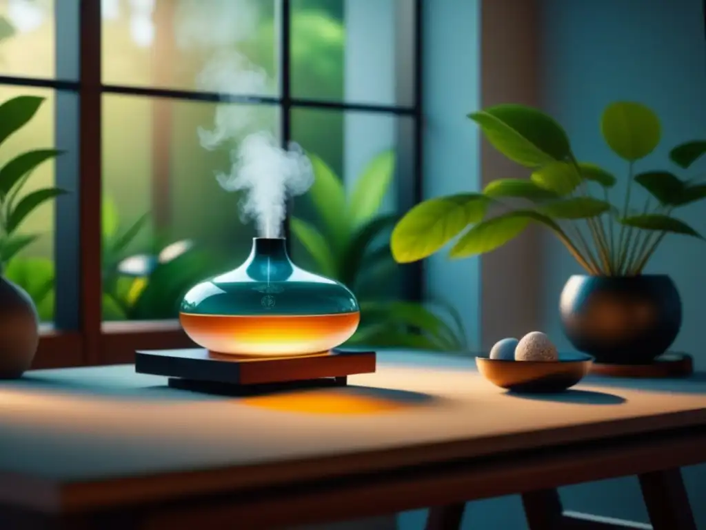 Espacio de trabajo sereno y minimalista con vista a jardín Espacio minimalista en casa con zonas de relajación: escritorio elegante, silla cómoda, jardín zen y vista a un jardín tranquilo