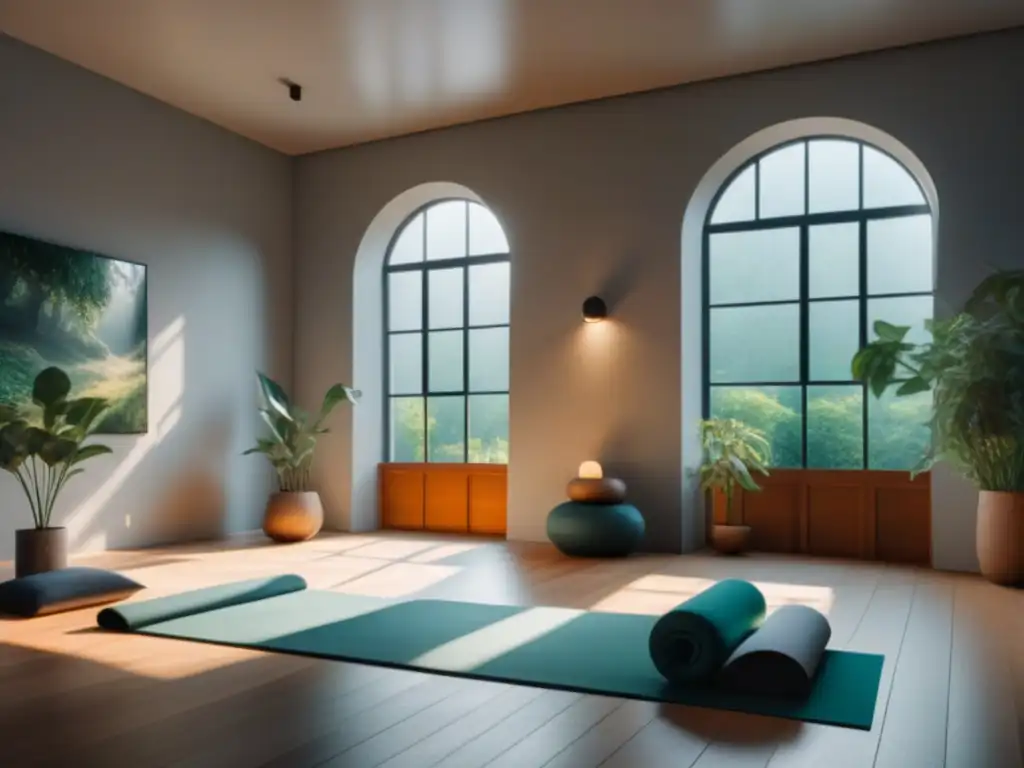 Sala de meditación minimalista: paz y serenidad Espacio de meditación minimalista con iluminación suave y arte abstracto