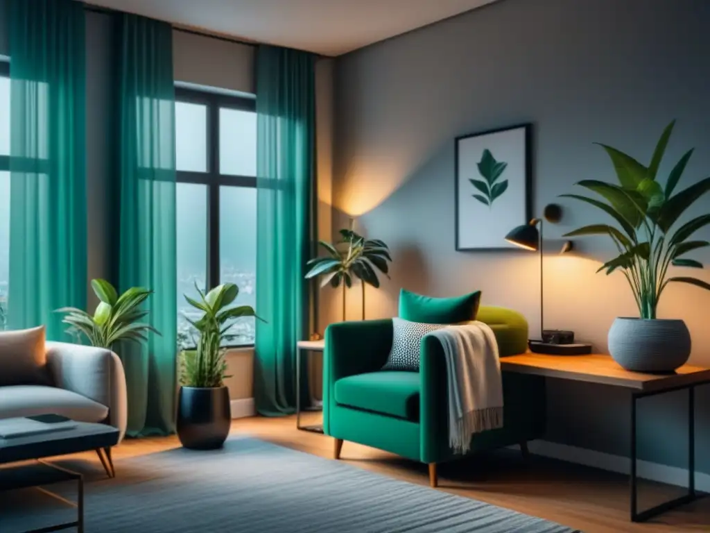 Salón minimalista: armonía y serenidad con plantas verdes Espacio minimalista con plantas verdes, luz suave y tranquilidad, ideal para disfrutar los beneficios del minimalismo digital en casa