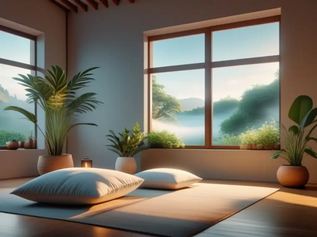 Espacio de meditación con biorretroalimentación para el dolor crónico Espacio minimalista con meditación, biorretroalimentación y serenidad para Gestión del Dolor Crónico