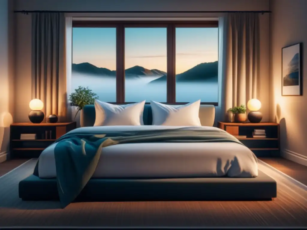 Dormitorio sereno y minimalista: oasis de tranquilidad y descanso Espacio minimalista y sereno para la rutina del sueño para ansiedad: cama acogedora, colores suaves, orden y tranquilidad matutina
