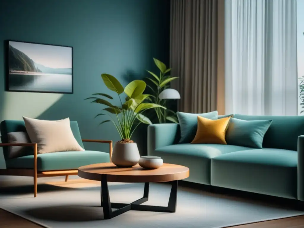 Salón minimalista y sereno: ¡Relájate en armonía! Espacio minimalista con silla y mesa de madera, planta y luz suave