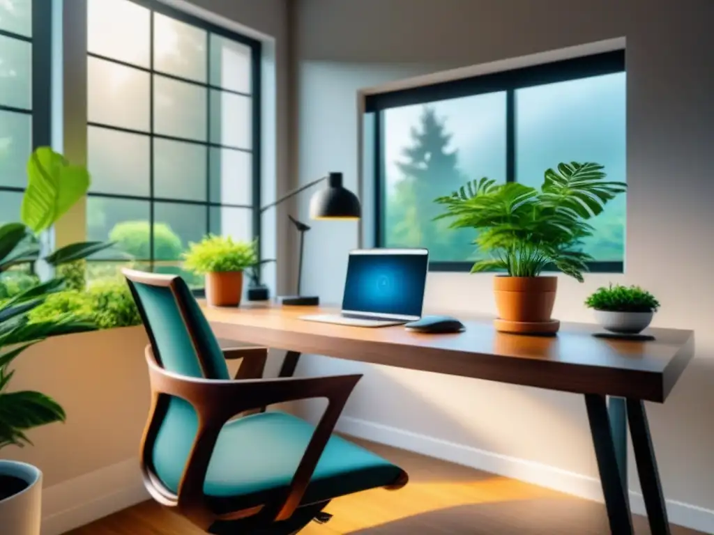 Oficina en casa minimalista y serena para descansos activos Espacio de oficina en casa sereno y minimalista, ideal para pausas activas en casa