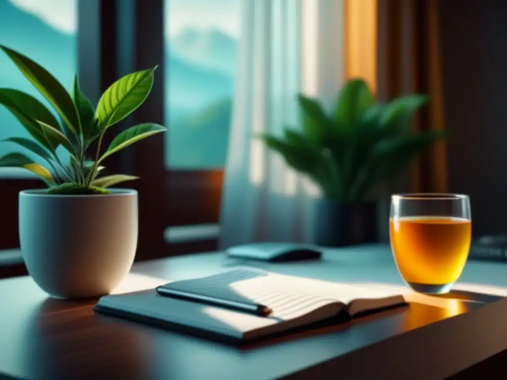 Oficina en casa minimalista: escritorio blanco, planta y té verde Un espacio de oficina en casa sereno con una técnica Pomodoro para relajarse
