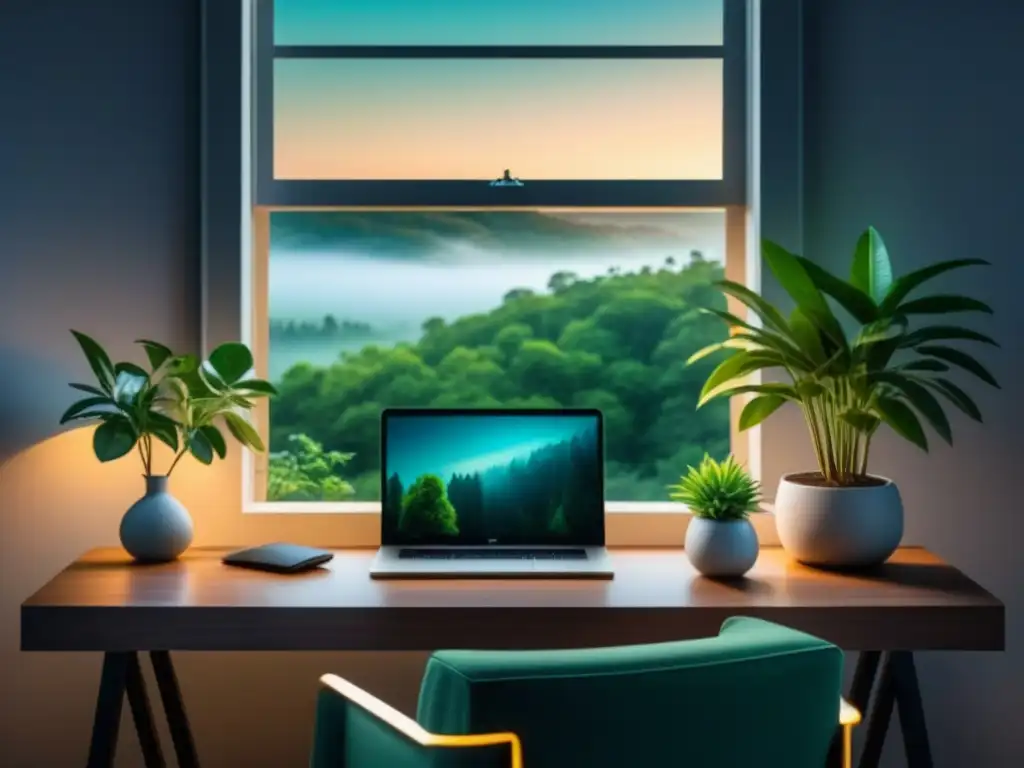 Oficina en casa serena y minimalista con vista al jardín Un espacio de oficina en casa sereno con un escritorio moderno, silla ergonómica, planta verde, lámpara elegante y ventana con vista a un jardín tranquilo, ideal para programas de relajación corporativa en casa