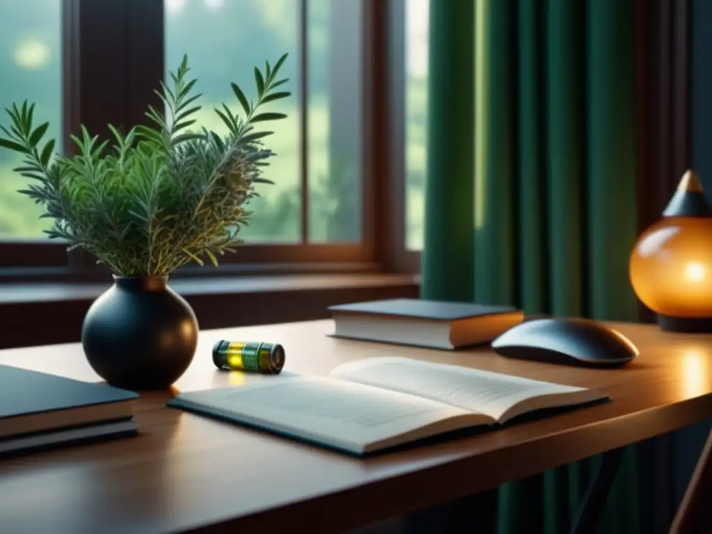 Oficina en casa serena con plantas y libros para mejorar memoria Un espacio de oficina en casa sereno y enfocado con plantas, libros y laptop